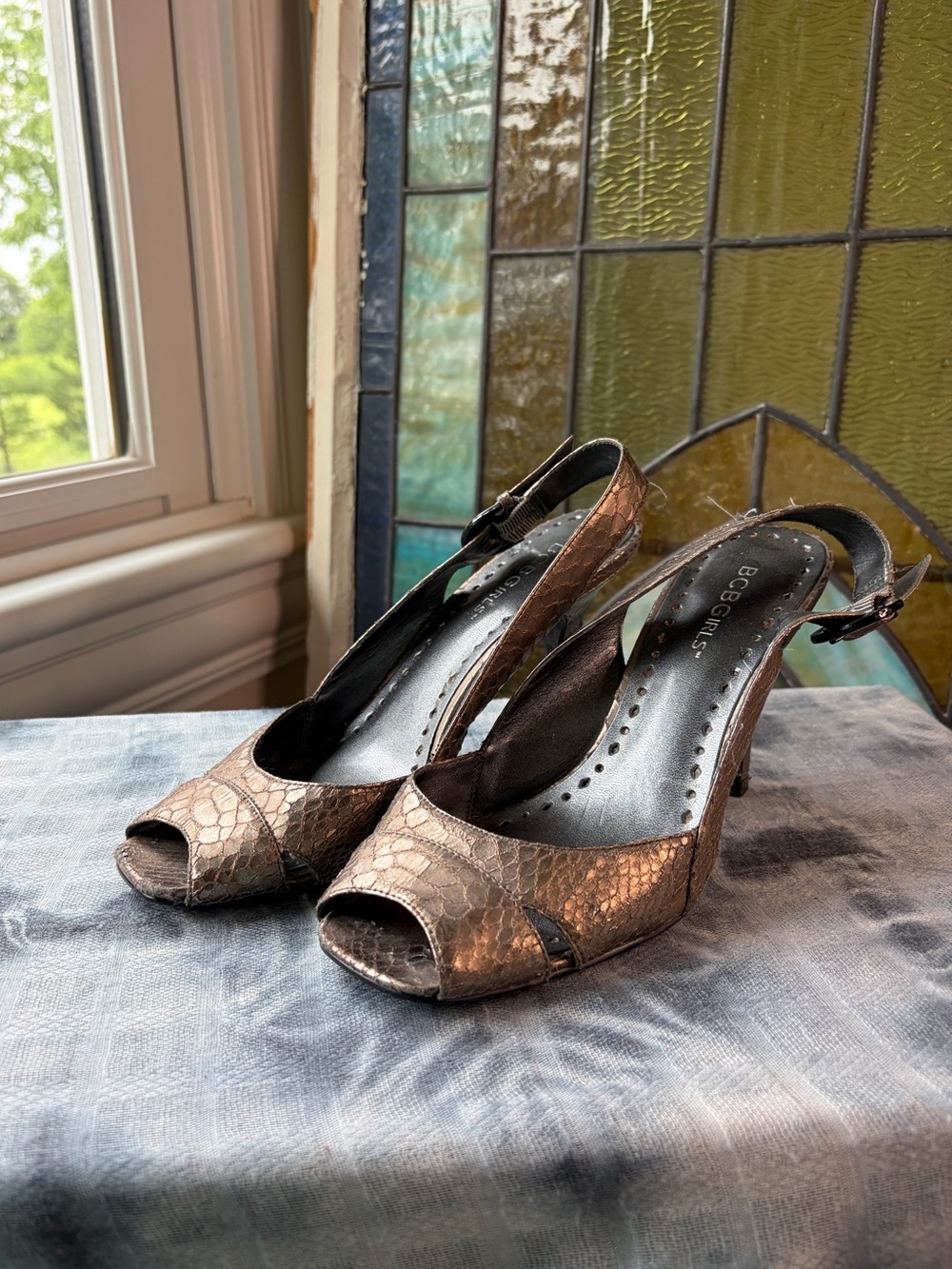 BCBGirls Bronze Peep-Toe Faux Snake Skin Slingback Heels